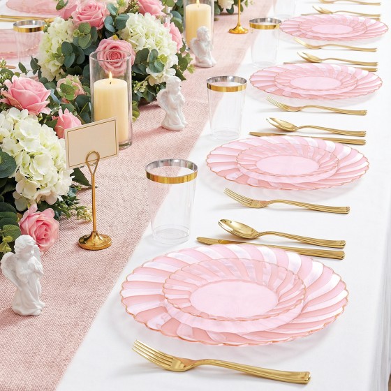 125Pieces Clear Pink Plastic Plates with Gold Rim - Gold Plastic Silverware Include 25 Dinner Plates 25 Dessert Plates 75 Golden Silverwares for Wedding Birthday & Parties Easter Mothers Day