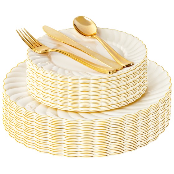 125PCS Scalloped Plastic Plates - Ivory Scalloped Disposable Plates - Gold Plastic Dinnerware Set Include 50 Plates, 75 Gold Silverware for Party & Wedding