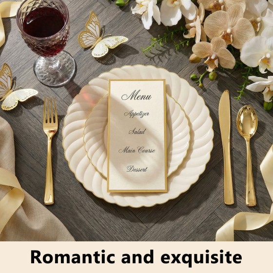 125PCS Scalloped Plastic Plates - Ivory Scalloped Disposable Plates - Gold Plastic Dinnerware Set Include 50 Plates, 75 Gold Silverware for Party & Wedding