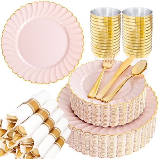 350PCS Pink Scalloped Plastic Plates - Pink and Gold Disposable Dinnerware Set Include 100 Plates, 150 Gold Silverware, 50 Cups, 50 Napkins for Wedding & Party Mothers Day