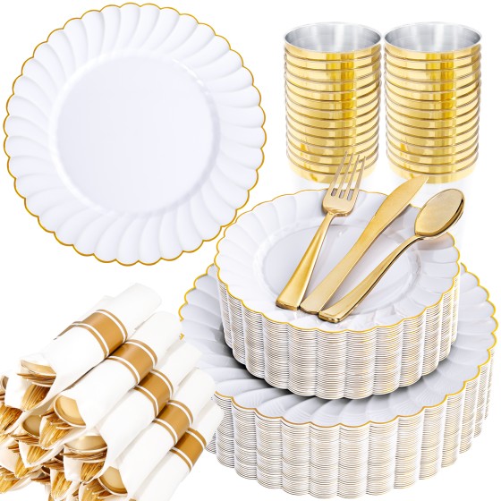350PCS Gold Scalloped Plastic Plates - White and Gold Disposable Dinnerware Set Include 100 Plates, 150 Gold Silverware, 50 Cups, 50 Napkins for Wedding Party