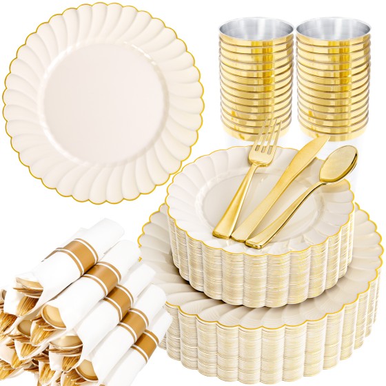 350PCS Ivory Scalloped Plastic Plates - Ivory and Gold Disposable Dinnerware Set Include 100 Plates, 150 Gold Silverware, 50 Cups, 50 Napkins for Wedding & Party