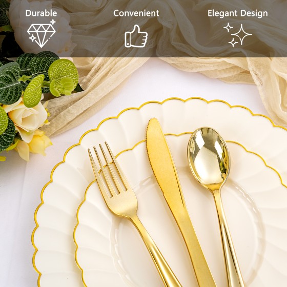 350PCS Ivory Scalloped Plastic Plates - Ivory and Gold Disposable Dinnerware Set Include 100 Plates, 150 Gold Silverware, 50 Cups, 50 Napkins for Wedding & Party